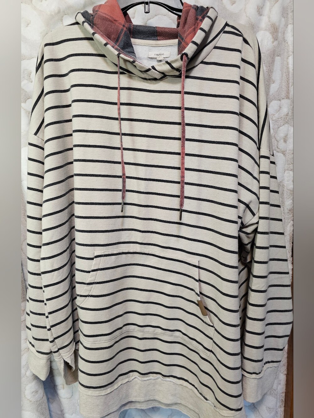 Maurices Cream & Black Striped Hoodie with Red Drawcords
